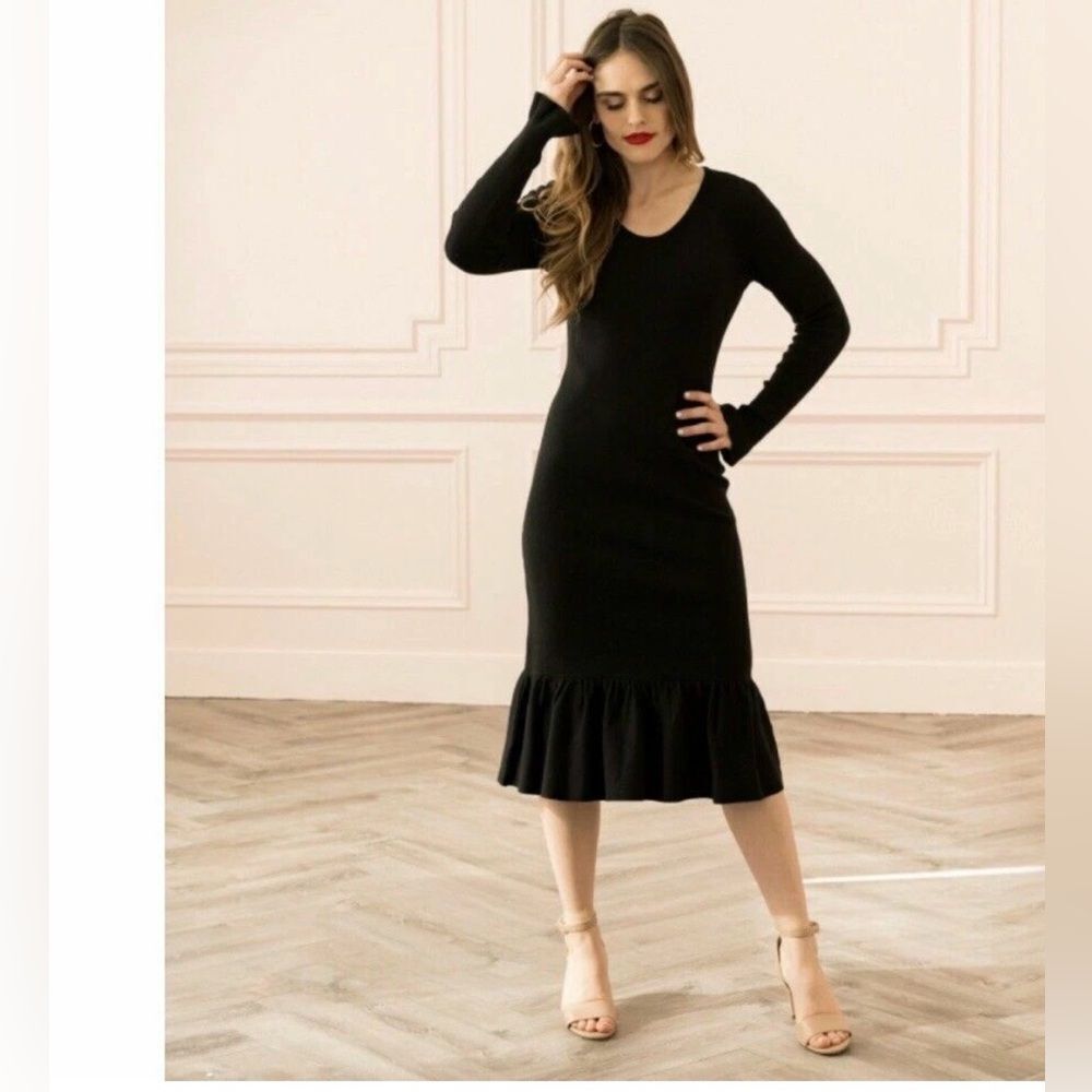 Rachel Parcel Black Ruffle Trim Cuff Frock Stretch Knit Sweater Dress S